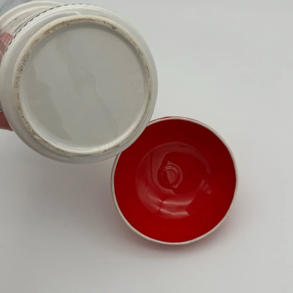 Vintage Decorative Canister w Red Dome Lid with Country Patchwork Themed Motif